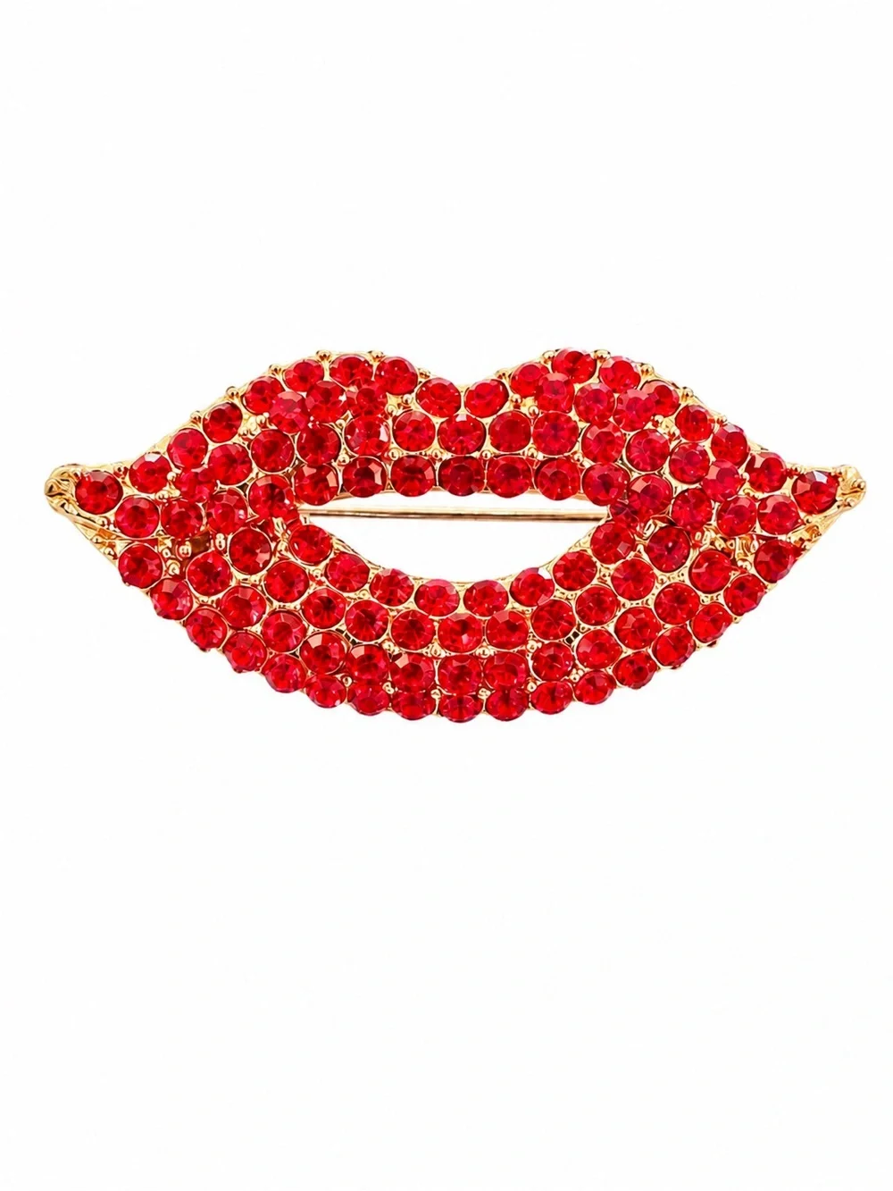 New Red Rhinestone Lips Brooch Pin – Sparkling Crystal Kiss Brooch – Gold Tone